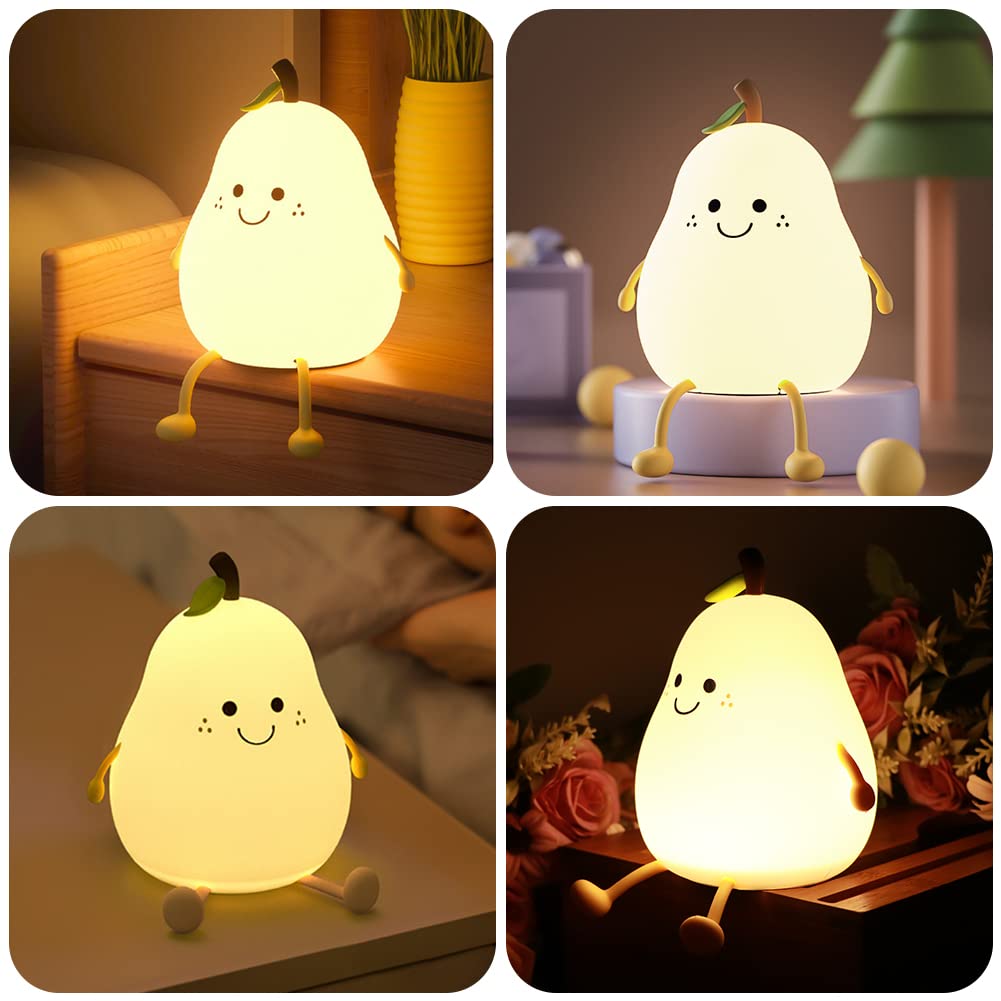 LED Cute Pear Night Light, Rechargeable Silicone Fruit Night Lamp, Kawaii Bedside Lamp, 2 Modes (Warm Light/Multicolor), 30/60 Min Timing, Eye-Protection Portable Nursery Lamp