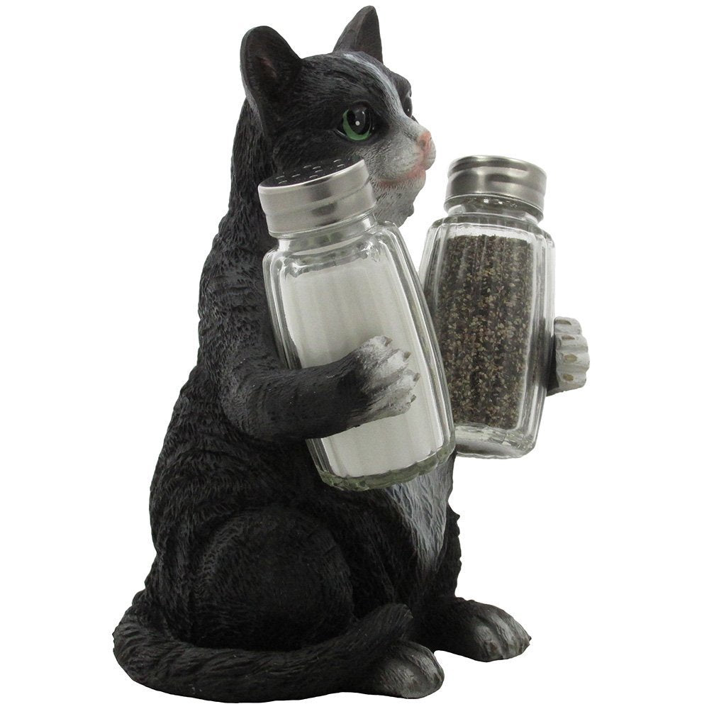 Decorative Black & White Kitty Cat Glass Salt and Pepper Shaker Set with Holder Figurine in Kitten Statues & Sculptures and Pet Kitchen Table Decor Gifts for Cat Lovers