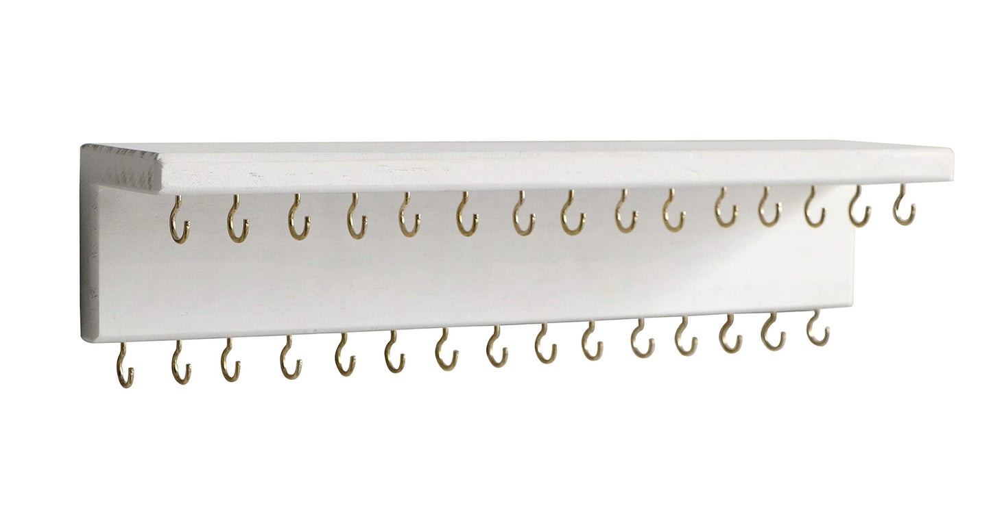 SANY DAYO HOME Jewelry Organizer with 30 Hooks and Cosmetics Shelf, 15 x 3 x 4 inches Wall Mounted Rustic Pine Wood Holder for Necklaces and Bracelets, Suitable for Kids and Adults (Retro White)