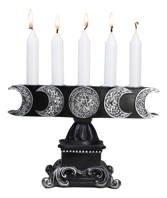 Ebros Gift Wicca Lunar Phases Triple Moon Pentagram Silver Insignia with Baroque Scroll Pedestal Base Penta 5 Taper Chime Candles Holder Wiccan Decorative Candleholder Figurine