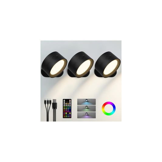 AMETHEUS Wall Mounted Lights, 3 Pack Rechargeable RGB Color Changing Light, 3 Color Temps & Remote and Touch, 360°Rotation Dimmable Cordless for Study Bedroom Reading Bedside (Black)