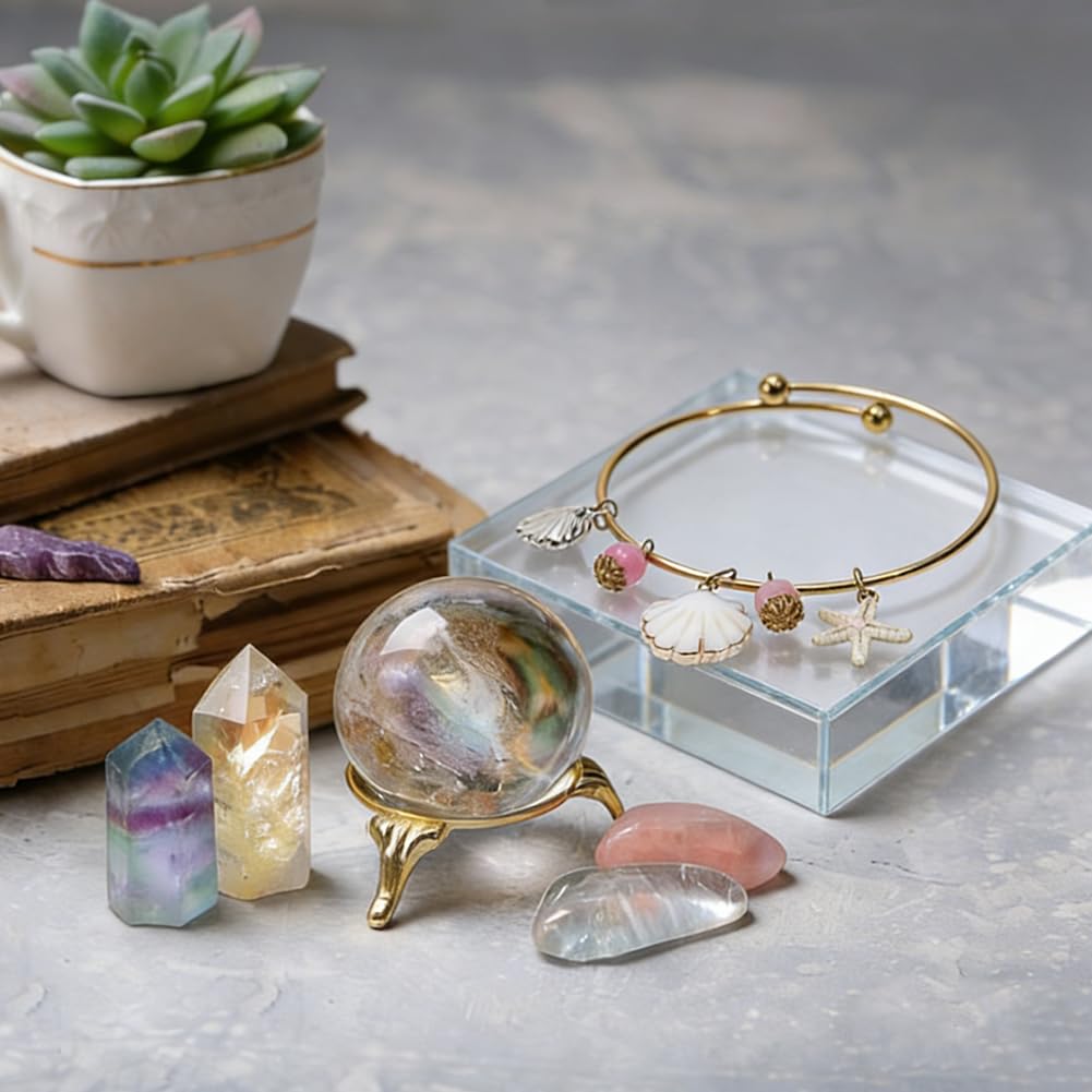 DELORIGIN 3.9*3.9*0.7 Inch Clear Crystal Display Base Square K5 Glass Display Stand High-Transparency Glass Block Pedestal for Collectible Crystal Ball Jewelry Showcase Home Decor Photography Prop