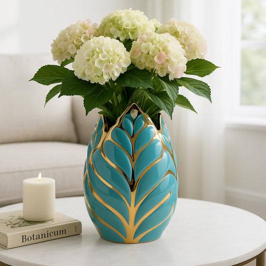 Modern Ceramic Vase for Home Decor – Sculpted Accent Decor for Living Room Decor, Bedroom Accent, Tabletop, or Office Shelf Decor – Decorative Contemporary Flower Vase – 8" Turquoise & Gold