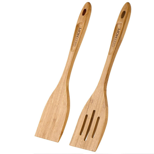 GEEKHOM Slotted Wooden Spurtle Bamboo Turners : 13 Inch Long Handle for Sourdough Starter, Mixing Reaching Jar Bottom, Nonstick Cookware 2 Pack