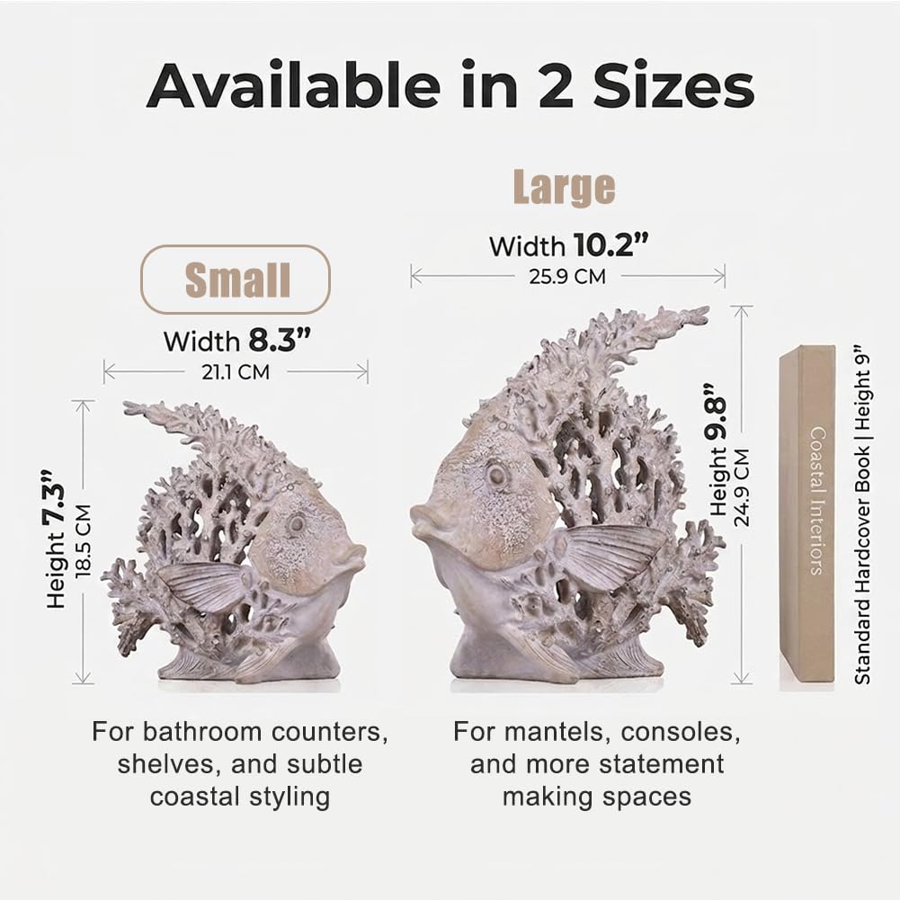 UANYEMON 7.28'' Ocean Coral Fish Sculpture - Resin Coastal Fish Figurine with Coral Backdrop, Ocean Blue & Sandy Beige Finish - Nautical Tabletop Accent for Living Room, Beach House & Bathroom Decor