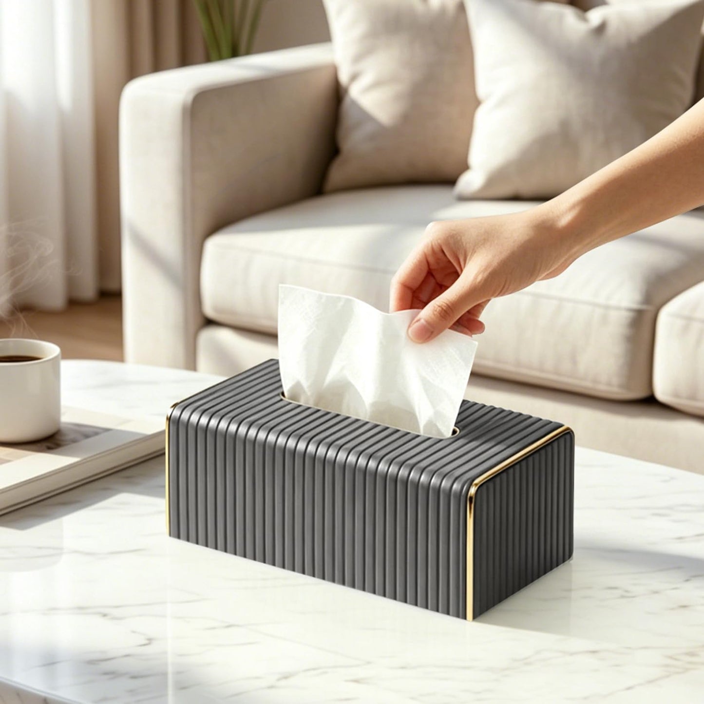 Fanousy Grey Tissue Box Holder Rectangle,Tissues Cover with Gold Trim