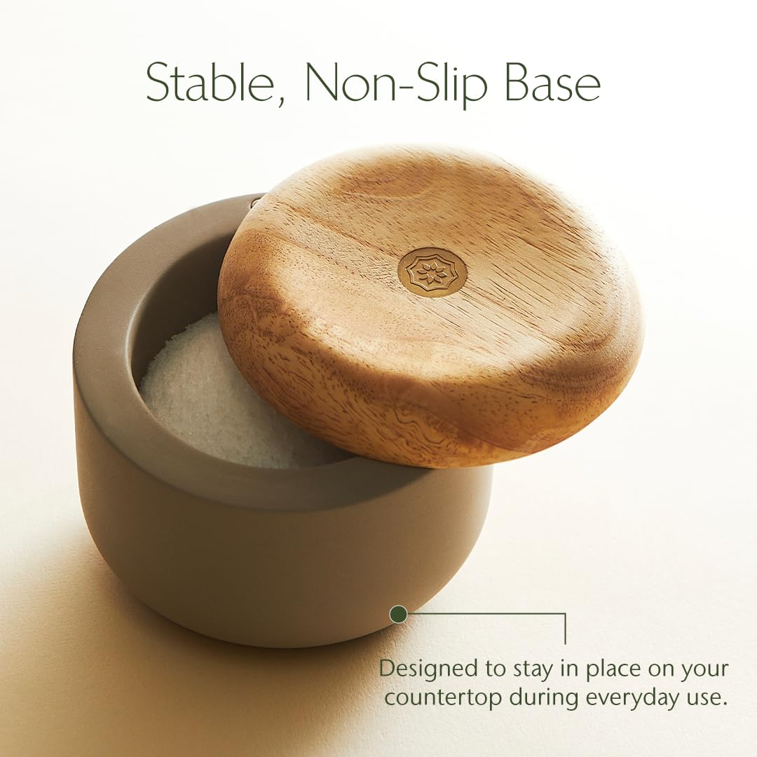 Evermill Salt Cellar (Salt Well) – Premium Marble or Concrete Container with Wooden Lid – Easy Access Kitchen Salt Box with Magnetic Swivel Lid – Includes Sea Salt (Marble with Oak)