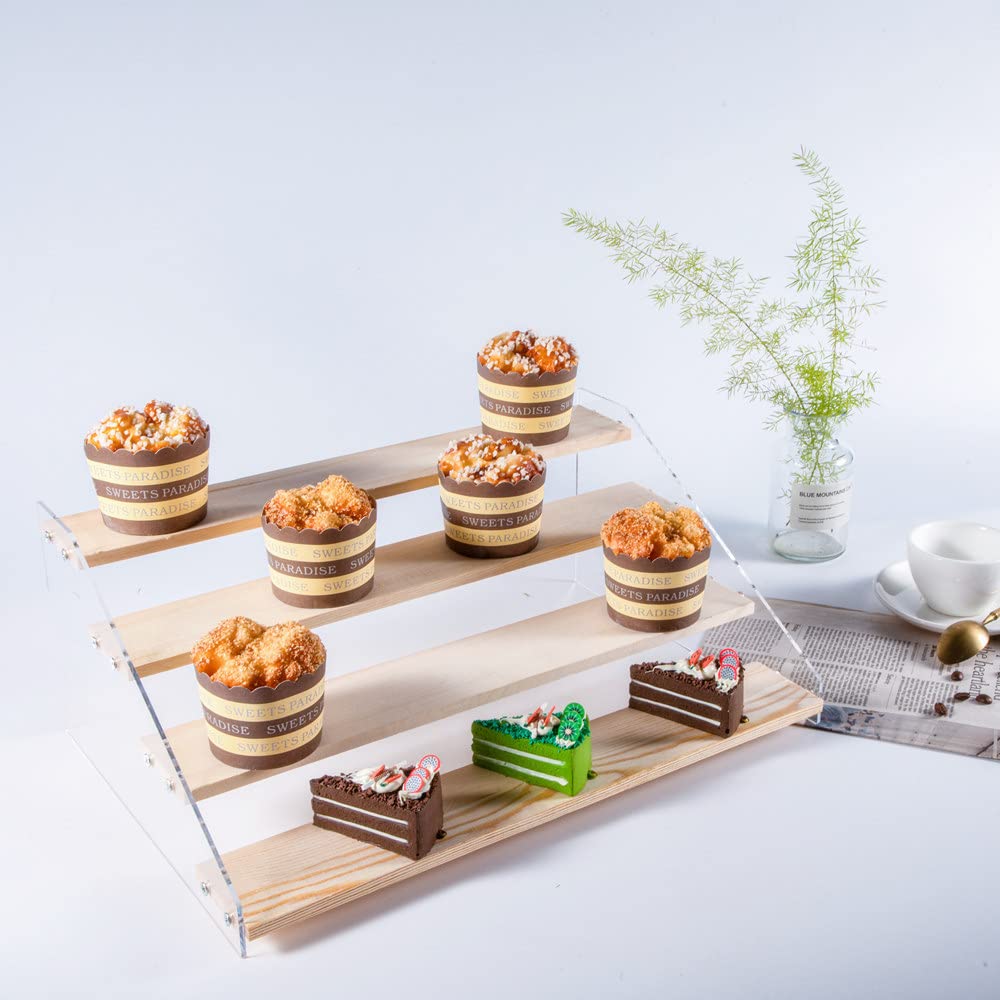 PACKGILO 4 Tier Acrylic Display Stand for Figures Wooden Risers for Display Case Craft Fair Acrylic Cupcake Stand for Dessert Table Top Jewelry Displays for Craft Shows Cologne Perfume Shelf (SMALL)