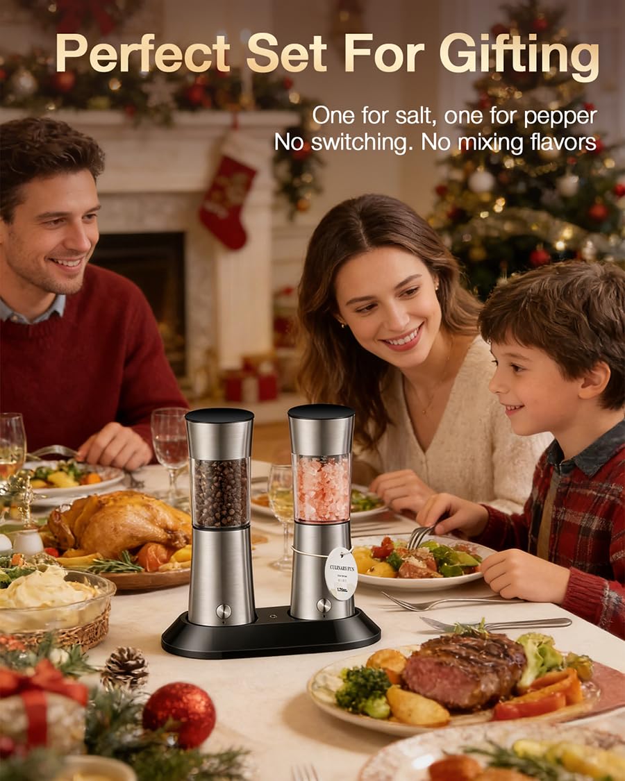 Gravity Electric Salt and Pepper Grinder Set, Automatic Mills with Rechargeable Charging Base, Built-in LED Light & Stainless Steel Body