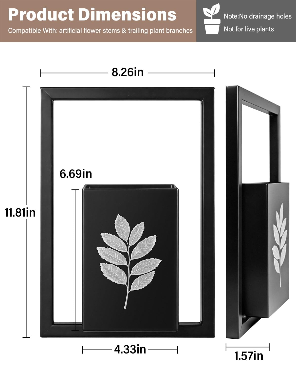 Hoolicute Wall Planter Vase Set of 2 - Black Metal Hanging Planter for Indoor Plants & Flowers, Frame Wall Mounted Planter for Art Home Wall Decor for Living Room, Bedroom, Bathroom, Entryway, Hallway