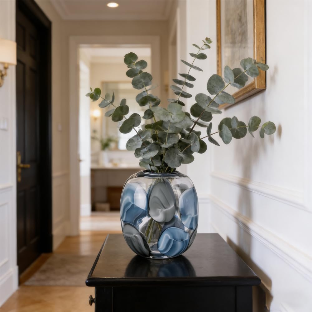 Hand Blown Blue Glass Vase, 8.5 in Round Wide Mouth Blue Gray Vase, Decorative Glass Vase for Flowers, Coastal Home Decor Centerpiece for Table, Shelf, Entryway, in The Bathroom, or Living Room