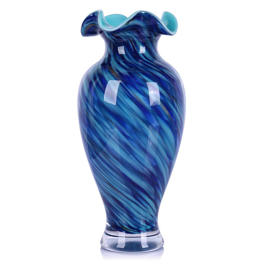 12in Tall Hand Blown Glass Vase Unique Ruffle Wide Mouth Vases, Elegant Modern Glass Flower Decorations Vase, Beautiful Colorful Vases for Home Living Room Bookshelves Wedding High End Centerpieces