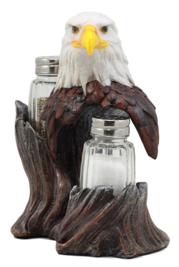 Ebros Gift Patriotic American Bald Eagle Glass Salt And Pepper Shakers Holder Figurine Decor 7"H Eagles Birds Of Prey King Of The Skies Wings Of Glory Kitchen Dining Bar Accent