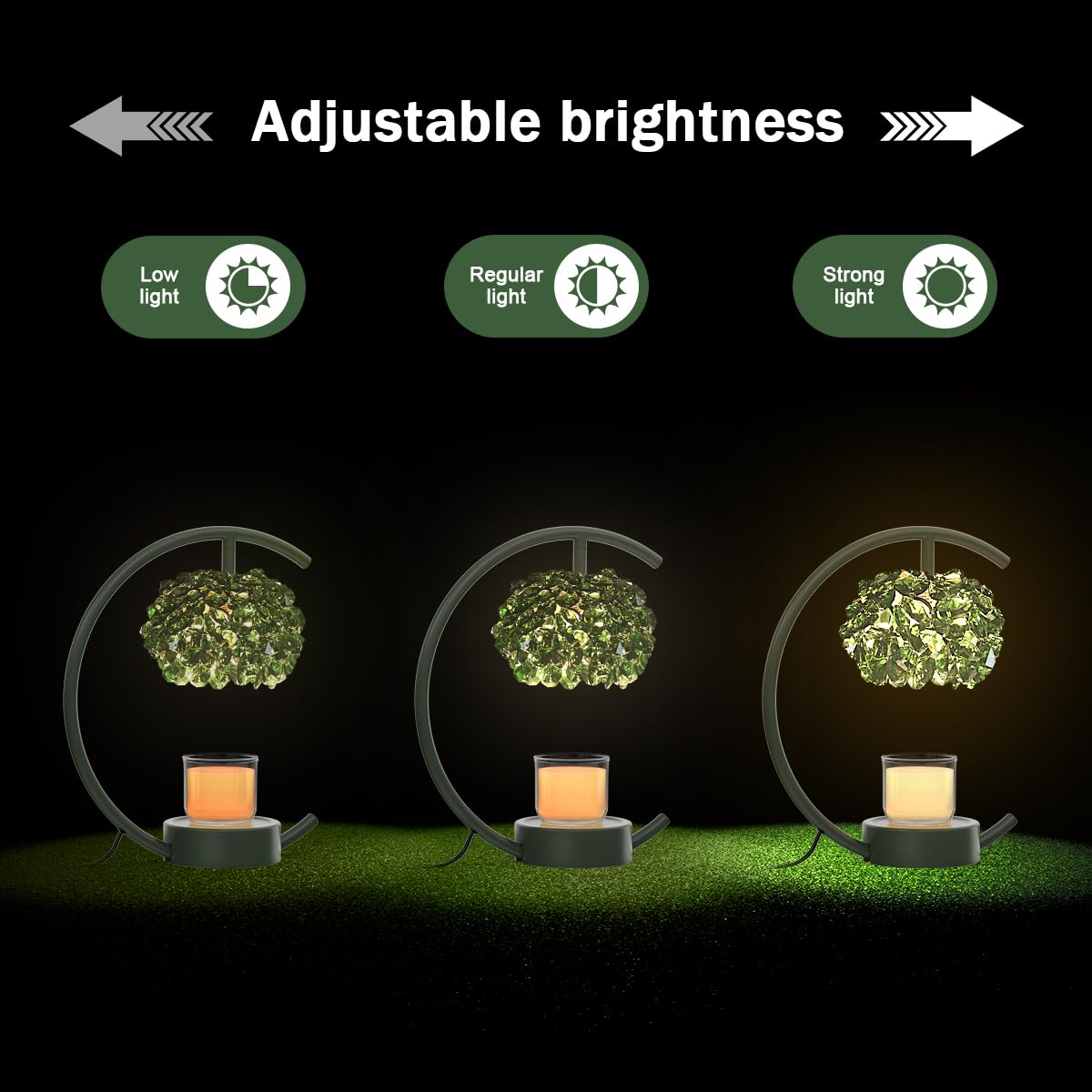 Yeuslor Candle Warmer Lamp for Jar Candles with Adjustable Brightness＆Timer，Handcrafted Green Crystal Candle Lamp Luxurious Design+2Bulbs,Home Decoration Electric Candle lamp(Balck C-Shaped)