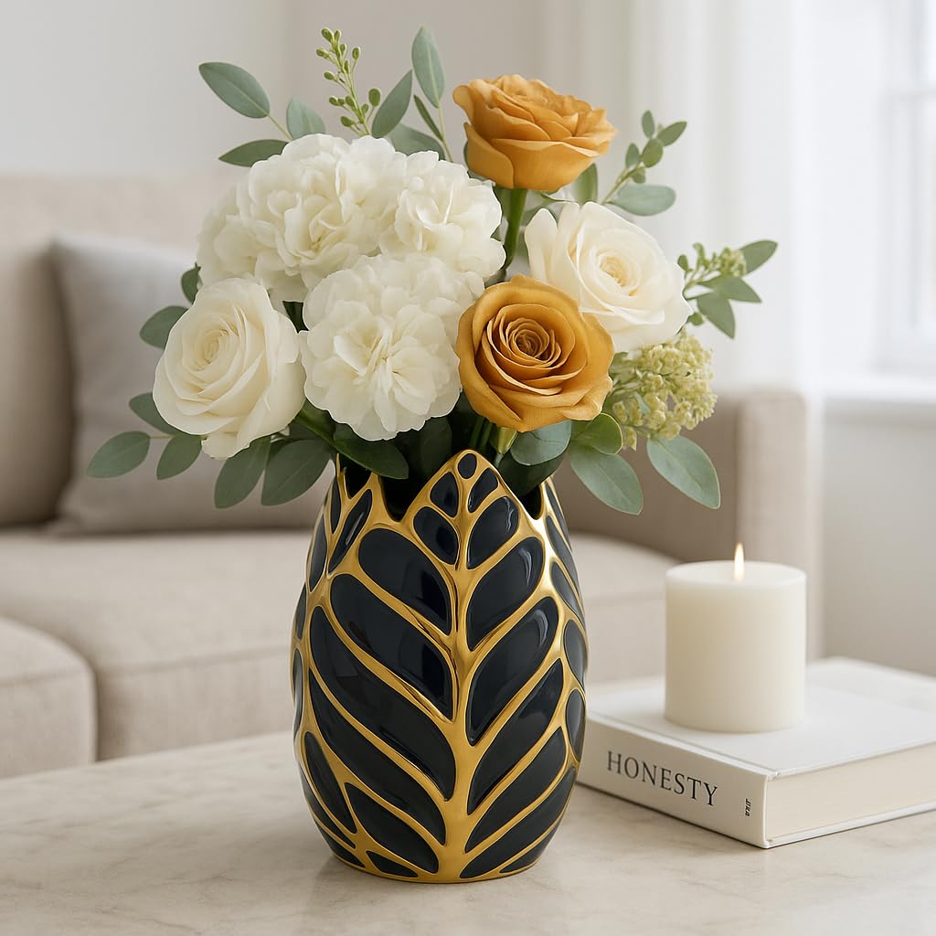 Sculpted Leaf Ceramic Vase – Modern Flower Vase for Fresh or Faux Stems, Tabletop Decor for Living Room or Office – Flower Holder Accent, Home Decor – 8", Dark Navy Blue & Gold Finish