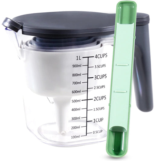 Recogwood 11 Pieces Measuring Cups and Spoons set, Includes 10 Stackable Measuring Cup with Lid and 1 Adjustable Measuring Spoon, Measuring Spoons Set for Liquid and Dry, BPA Free, Dishwasher Safe