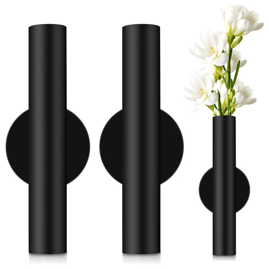 3 Pcs Wall Mounted Vases Wall Vases for Decor Dried Flower Wall Decor Flower Wall Sconce Black Metal Flower Vase with Sticker for Home Office Flower Display Decoration (Black)