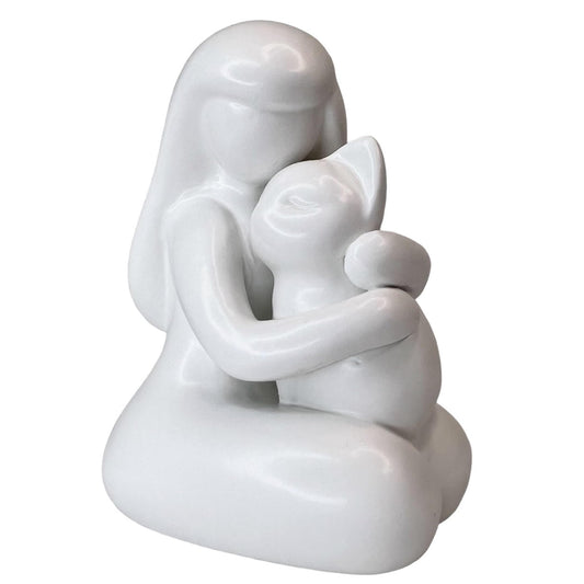 Top Brass Girl Hugging Cat Figurine/Kitty Love Statue – 5” Tall Ceramic Stoneware Simple Modern Pet Friendship Decor