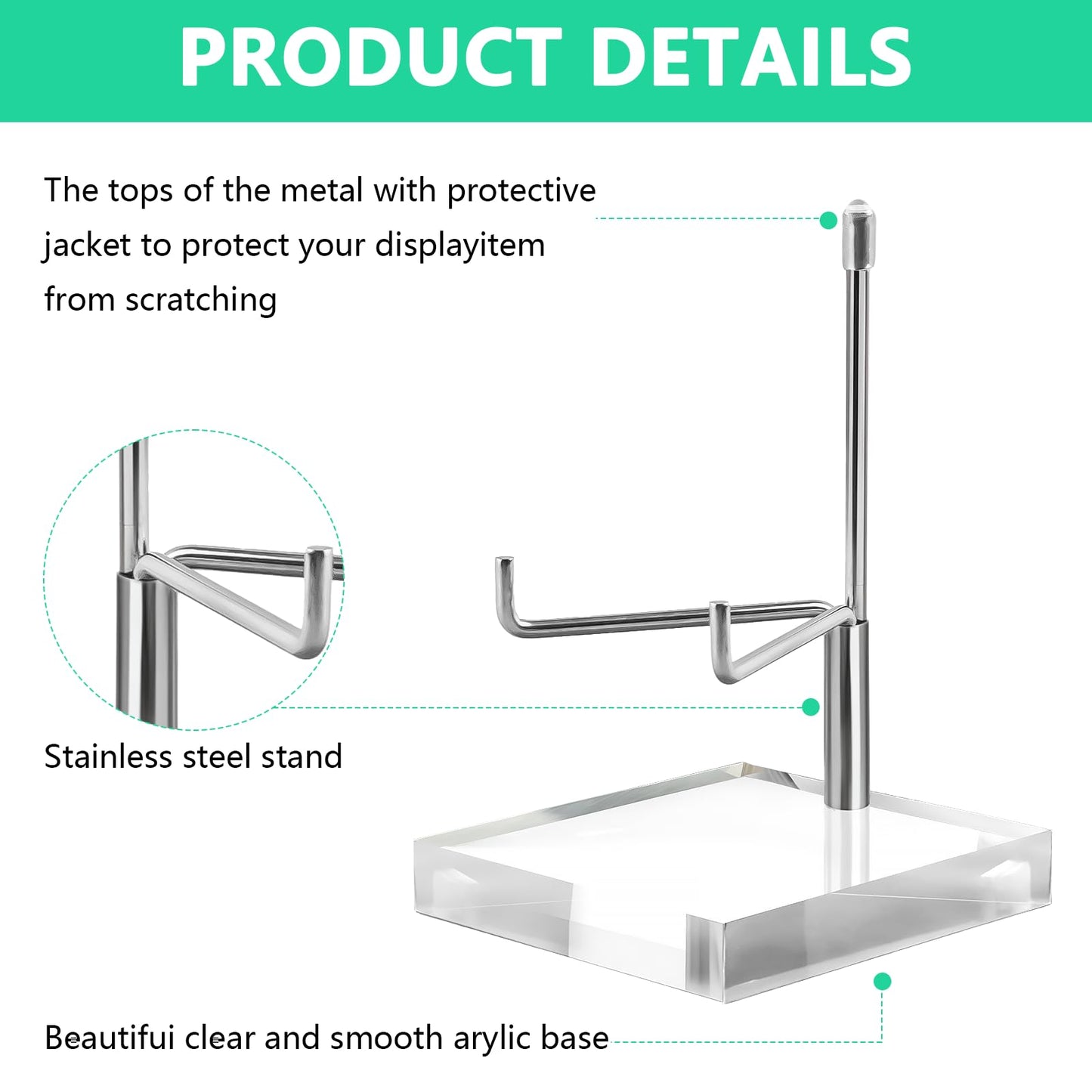 KoMvzyl 6 Pcs Rock Display Stand with Acrylic Base, Adjustable Metal Arm Crystal Display Stand, Silver Small Holder for Gemstones, Fossils, Crystal, Minerals, Agate(2.4 X 2.4 X 4.1 Inches)