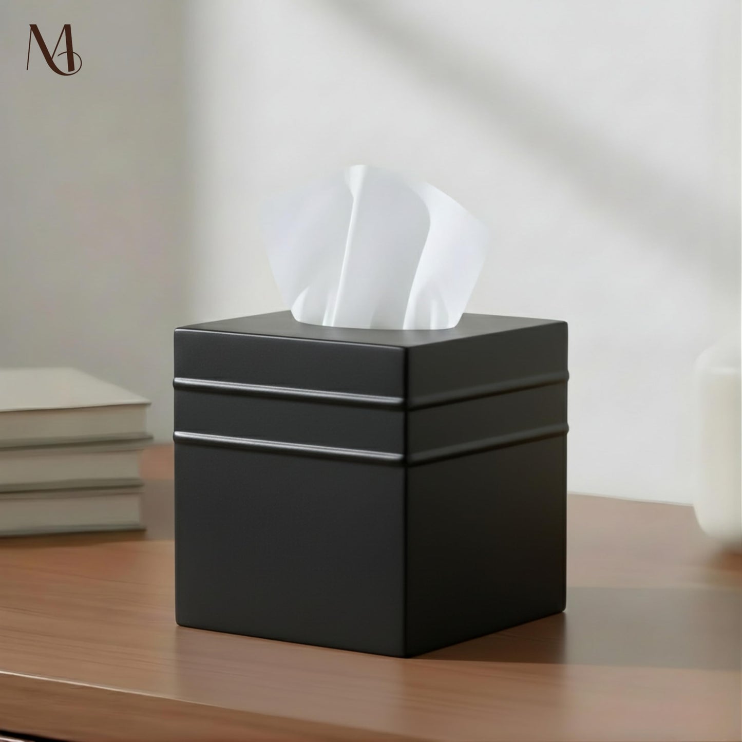 Monarch Abode Tissue Box Cover Square – Handcrafted Border Embossed Black Metal Tissue Holder Box for Bathroom Accessory, Aesthetic Decorative Facial Napkin Cube for Modern Home Decor
