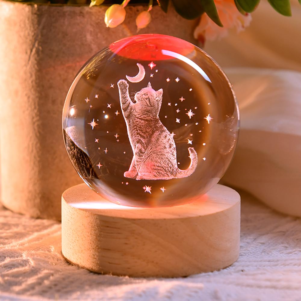 3D Cat Gifts for Women 60mm Crystal Ball Cat Lovers Gift Decor Cat Themed Gifts Lamp Glass Ball for Birthday Mothers Day Christmas Birthday