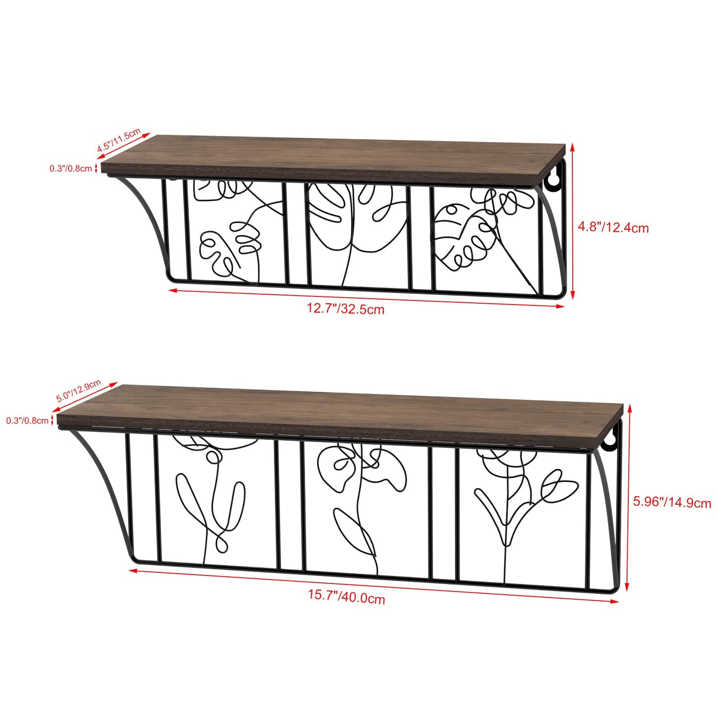 QUTREY Plant Wall Art Floating Shelves Set of 2, Minimalist Metal Abstract Decor Rustic Wooden Shelf for Living Room, Bedroom, Bathroom
