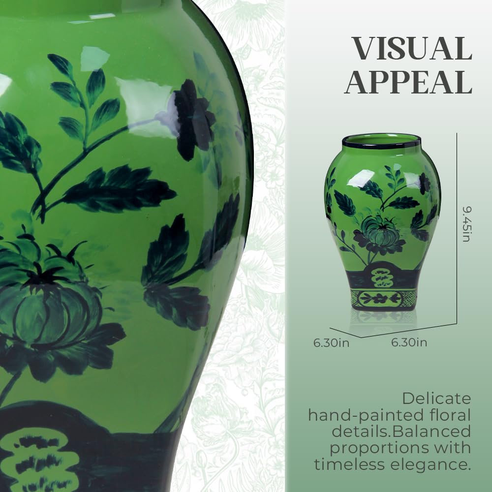 Andaliz Green Floral Ceramic Vase with Black Pattern, Hand-Painted Oriental Vase for Home Decor, 9.4 Inch Table Centerpiece, Modern Chinoiserie Vase