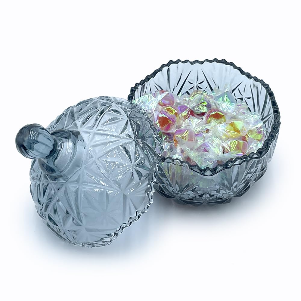 EWEIGEER Colorful Crystal Glass Candy Snack Jar Candy Dish With Lids Jewelry Jar Blue Room Bedroom Decor(Blue Grey)