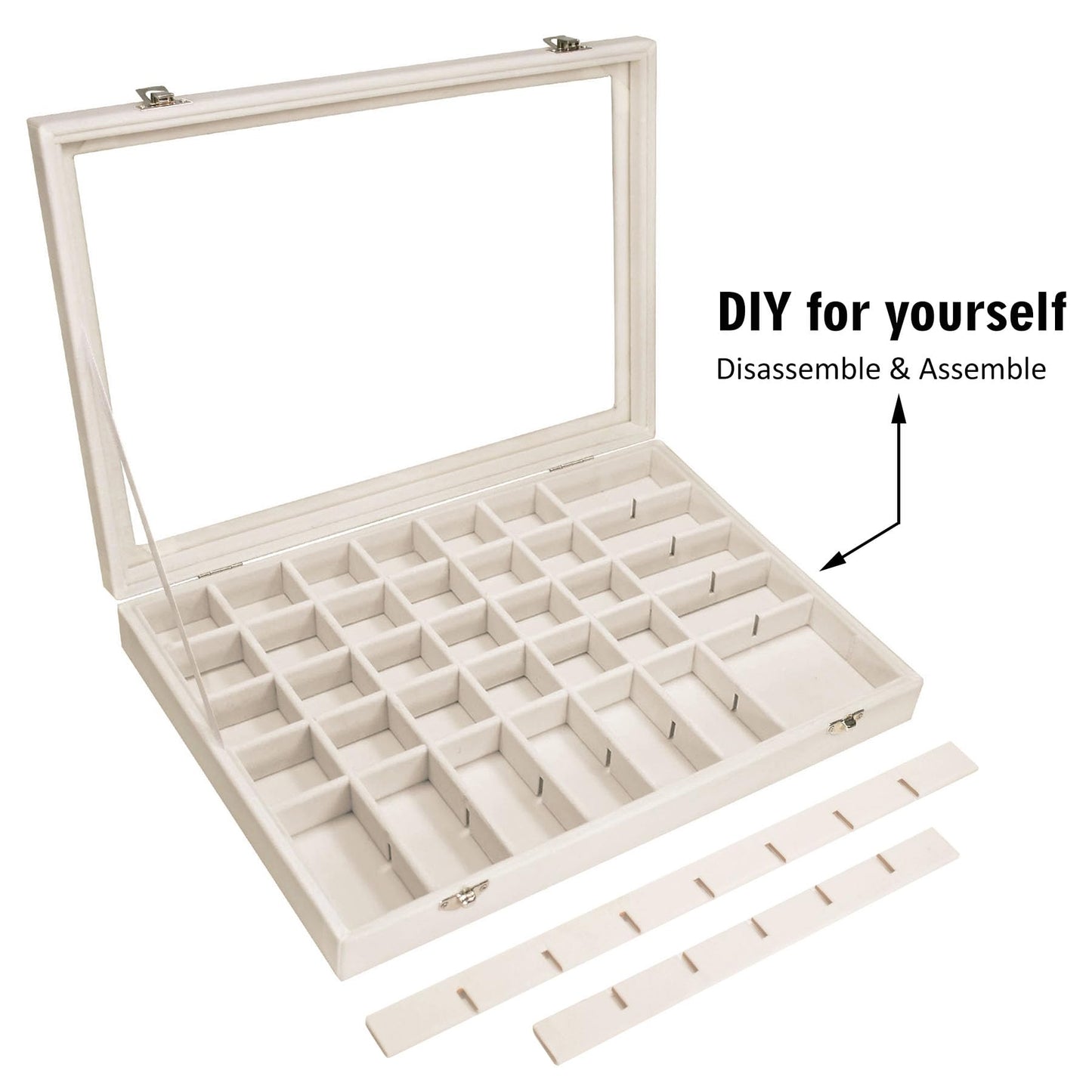 Siveit Velvet Jewelry Tray 48 Grid Jewelry Display Tray Organizer Box with Transparent Lid Rings Earrings Necklaces Pendants Display Box Suitable for Women and Girls (Beige)
