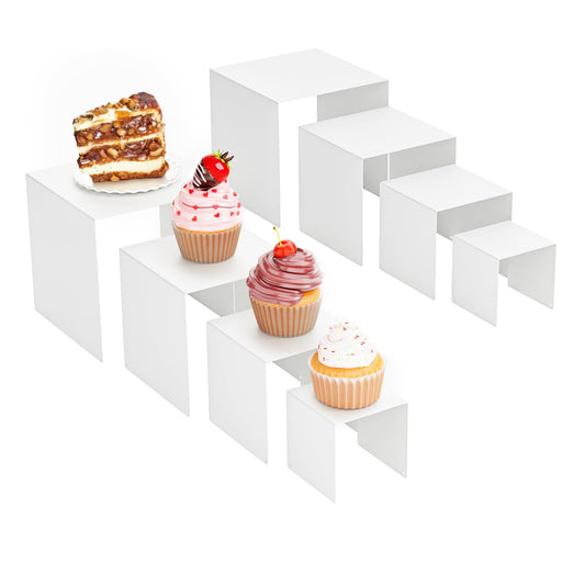 NEETBU Matte Metal Display Stand, 8 Pcs 2 Set Display Risers for Display, Metal Rectangular Display Shelf Holders for Showcase, Dessert, Perfume, Vendor Events, Cupcake Stands, Toys Display Shelves ( White, 3''x4''x5"x6" )