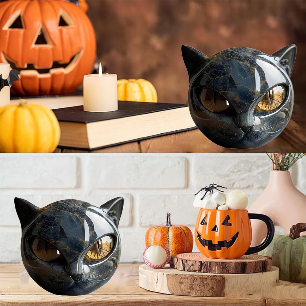 FACIOWN Black Cat Stone Sculpture,Figurine Handcrafted Look Resin Statue,with Amber Eyes, Elegant Shelf Decor for Home or Office (Yellow)