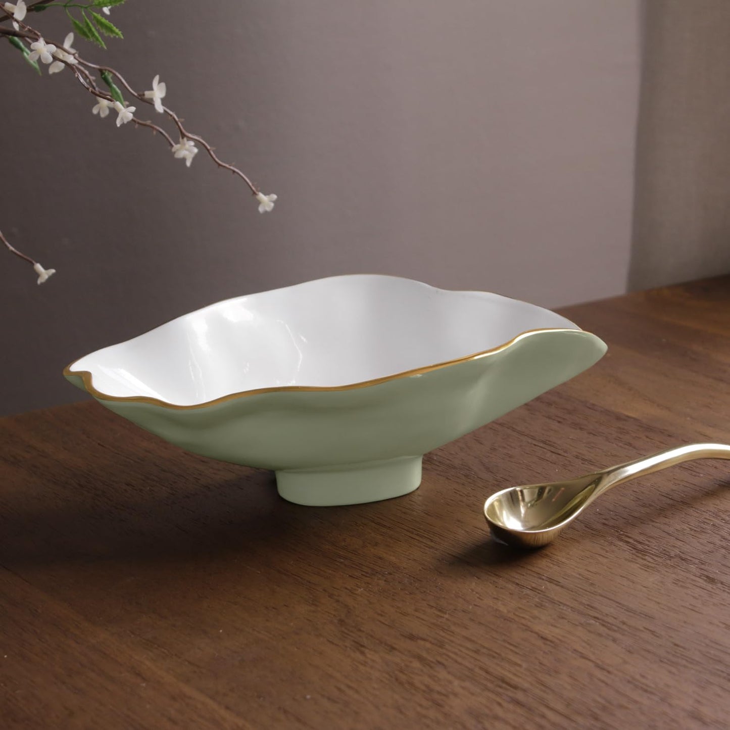 Beatriz Ball ENCANTO Claire Small Oval Bowl with Spoon (Pistachio, White and Gold)