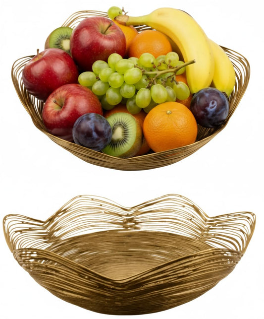 Mela Artisans 12 in Wide x 6 in Tall Gurez Valley Gold Metal Fruit Basket – Decorative Gold Wire Fruit Bowl for Kitchen Counter, Snacks, Flowers and Home Decor