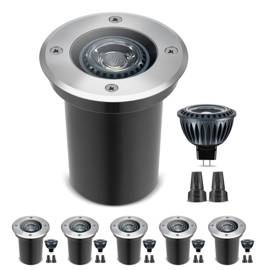 Gardencoin Low Voltage Landscape LED Well Lights, 12V in Ground Lights Outdoor IP67 Waterproof, 5" Tall Wired Landscape Up Lighting, Included Replaceable 5W 2700K MR16 Bulb Dimmable, 6 Pack