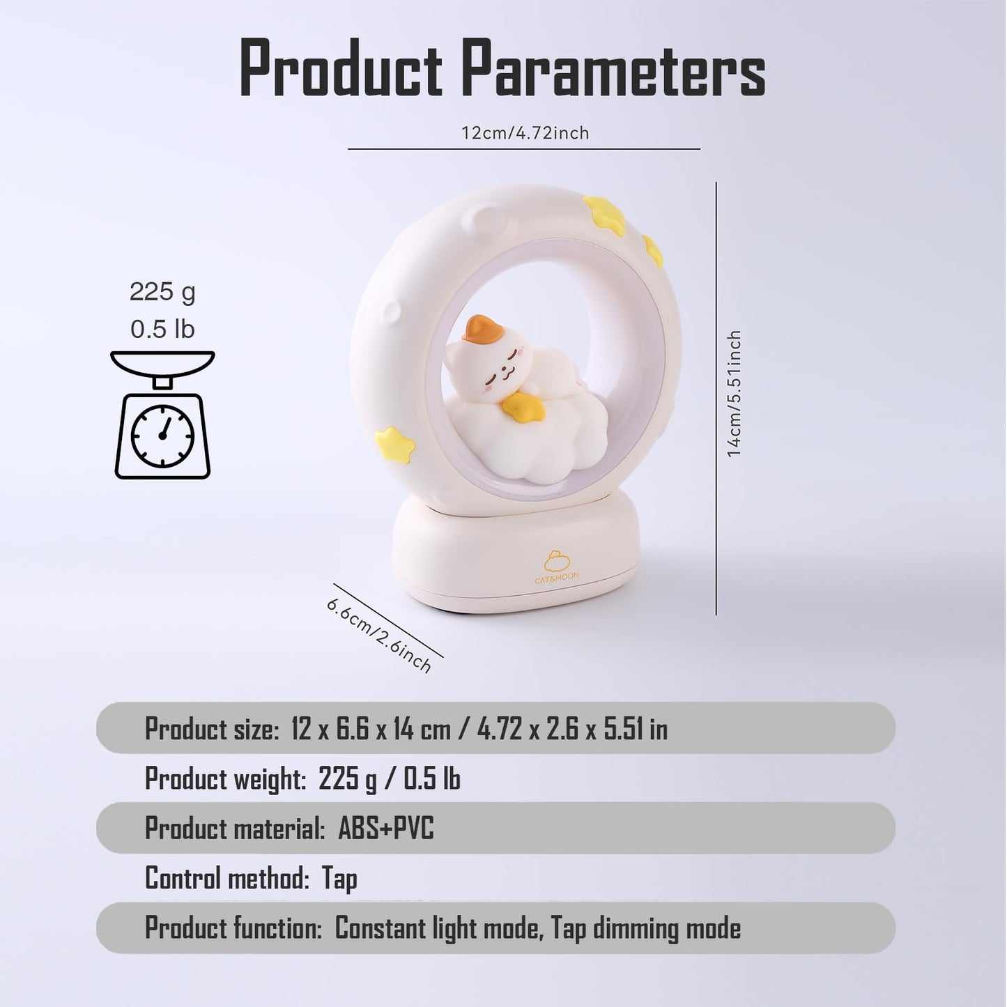 kvppvt Moon and Cat Rechargeable Night Light, Safe PVC and ABS Material, 3 Brightness Levels, Tap Control, Warm Light, Toddler Sleeping Lamp, Bedroom Night Lamp, Gift for Baby and Kid (Moon and Cat)