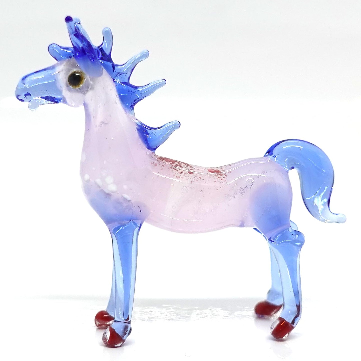 Sansukjai Horse Miniature Figurine – Handmade Blown Glass Art – Tiny Animal Collectible Sculpture – Unique Home Decor Gift (Blue Pink)