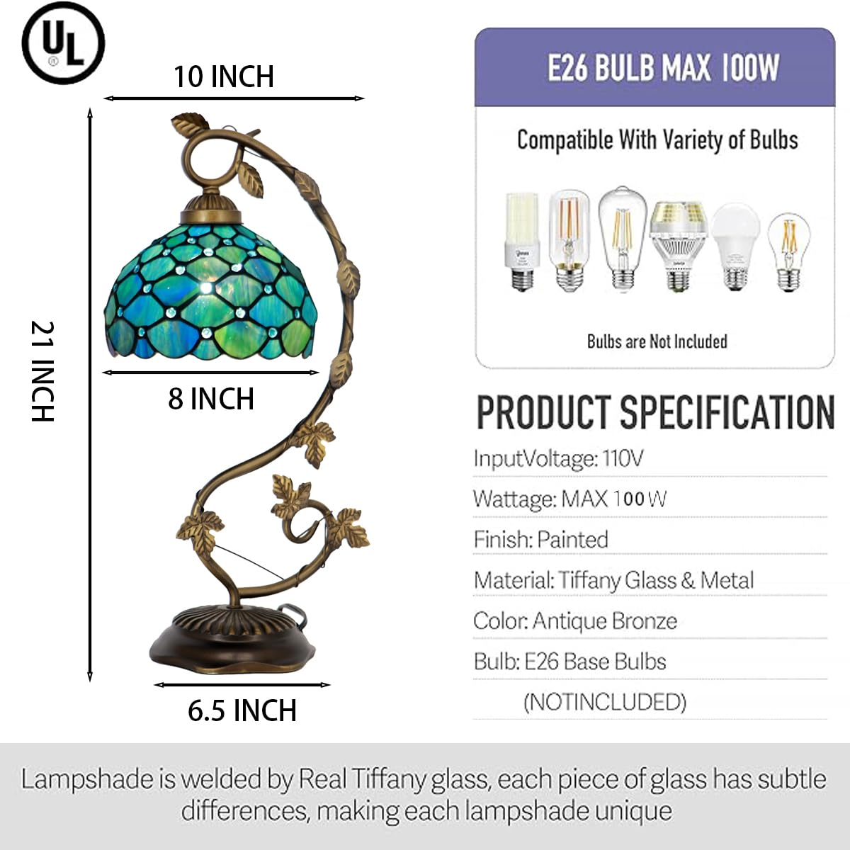 LXHCYOU Tiffany Table Lamp, Stained Glass Desk Light, 8X10X21 Inches, Metal Leaf Base (Sea Blue Pearl Style)