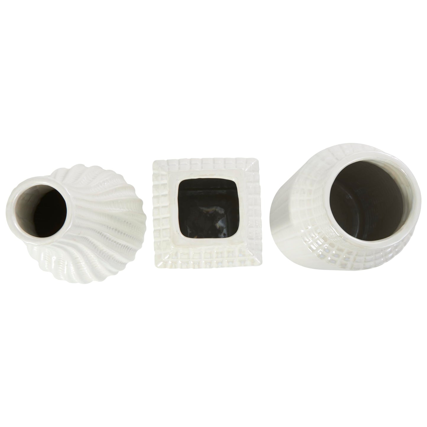 Deco 79 Ceramic Geometric Decorative Vase Dimensional Textured Centerpiece Vases with Varying Shapes and Grid Patterns, Set of 3 Flower Vases for Home Decoration 3" W, 8" H, Cream