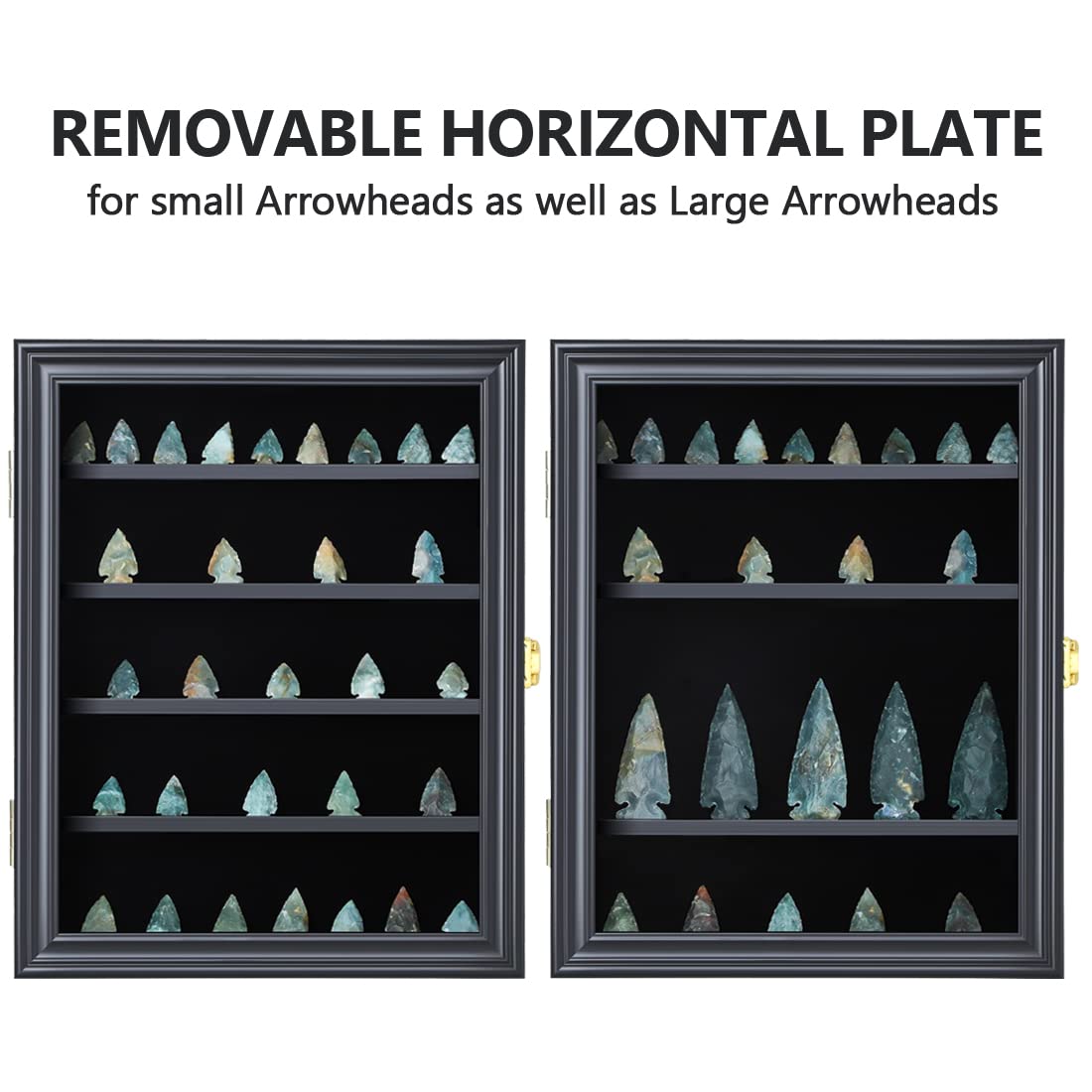 KCRasan Arrowhead Display Case Native American Arrowhead Shadow Box Wall Mount Arrowhead Collection Display Cabinet for Agate Opal Crystal Stone Arrowheads Spear Points Black Small