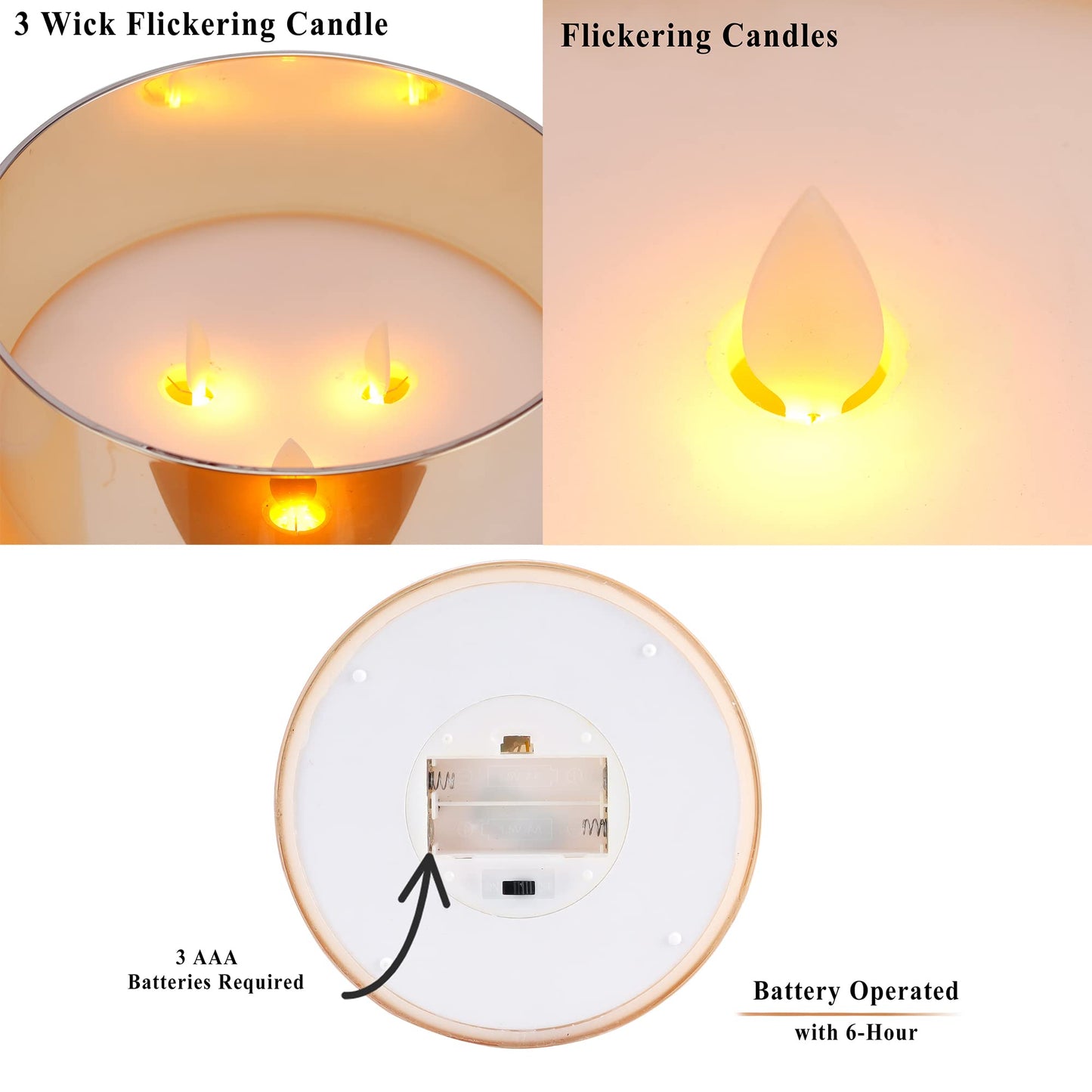 JHY DESIGN Large Moving 3 Wicks Battery Candle with 6-Hour Timer Function 6“ Dia Flameless Candle Battery Powered, Simulation 3D Glass LED Candle for Party Home Xmas Festivel Table Bar(Gold)