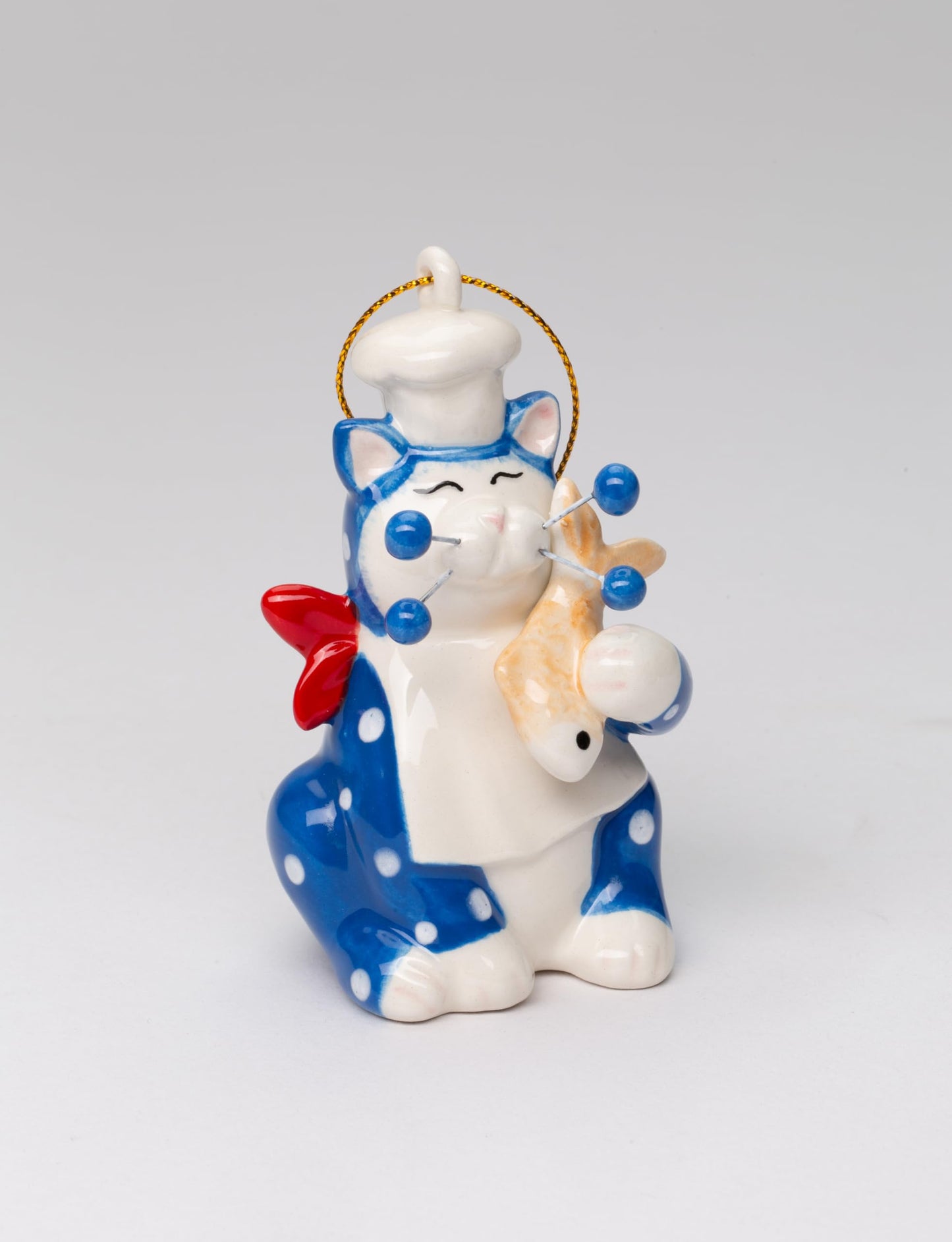 Fine Ceramic Whisker Cat Collection - Blue Chef Cat Holding Fish Figurine Ornament by Amy Lacombe, 3-1/2" H
