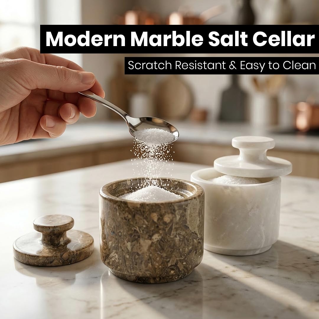 Marble Salt Cellar with Lid - Stone Salt Container for Countertop, Salt Box Keeper for Kitchen Counter, 3.5 oz OceanicX Marble Cellar (White Oceanic)