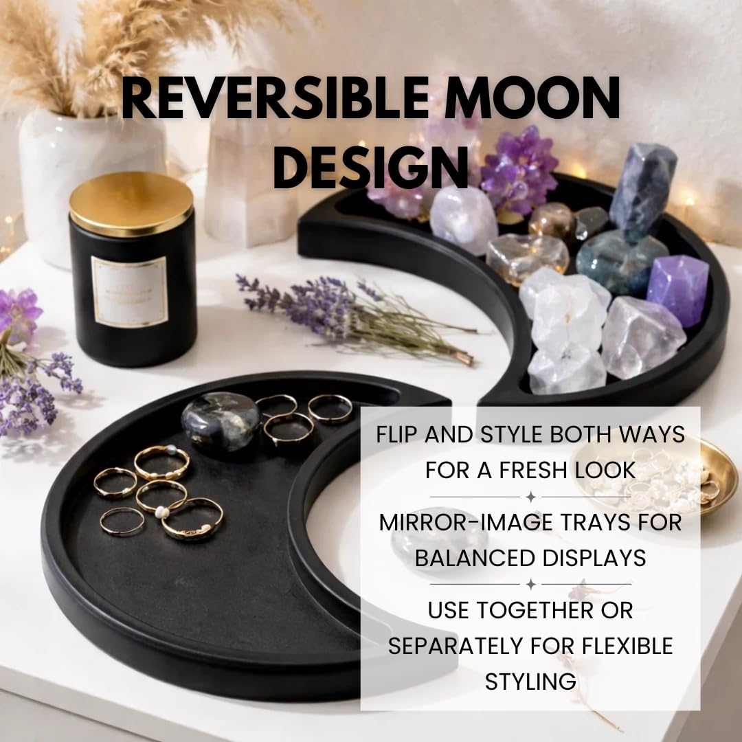 Black Moon Crystal Display Tray - Gothic Wooden Altar Tray 10.5" x 5" for Crystals and Stones Storage - Solid Wood Jewelry Organizer Dish - Spiritual Decor