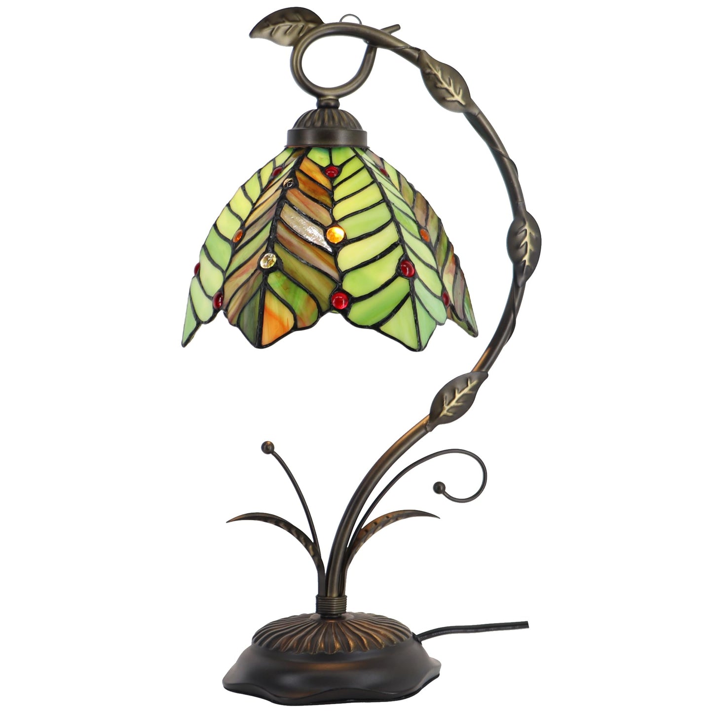LXHCYOU Tiffany Table Lamp, Stained Glass Desk Reading Light, 8X10X19 Inches, Metal Leaf Base (Brown Green Leaf)