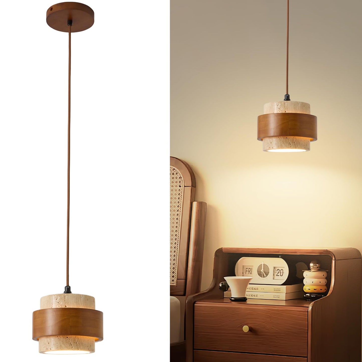 Wabi Sabi Pendant Light Set of 2, Natural Stone Travertine & Wood Hanging Lamp for Kitchen Island, Hallway, Bedroom, Dining Room Ceiling Decor (E26 Bulb, 6.7 in Stone Ring)