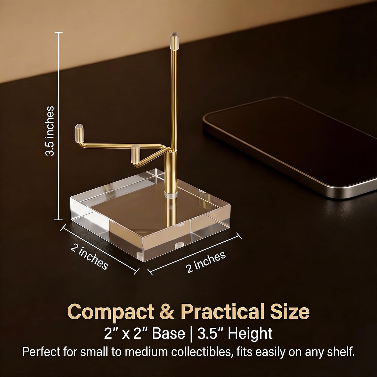 Oqqlin 8 Pcs Adjustable Metal Arm Display Stand, 2 x 2 x 3.5 Inch Gold Small Crystal Display Easel with Clear Acrylic Base Rock Mineral Stand for Picture, Rock, Geodes, Mineral, Agate