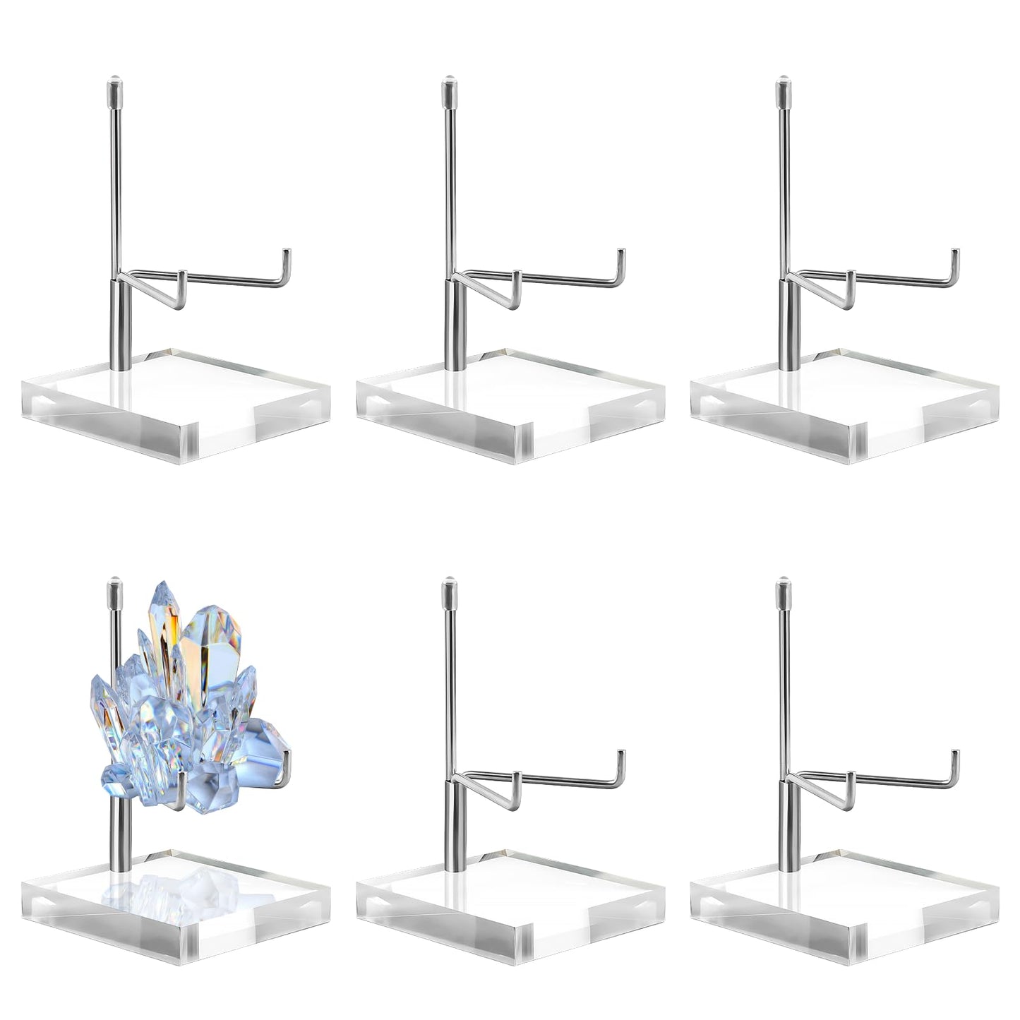 KoMvzyl 6 Pcs Rock Display Stand with Acrylic Base, Adjustable Metal Arm Crystal Display Stand, Silver Small Holder for Gemstones, Fossils, Crystal, Minerals, Agate(2.4 X 2.4 X 4.1 Inches)