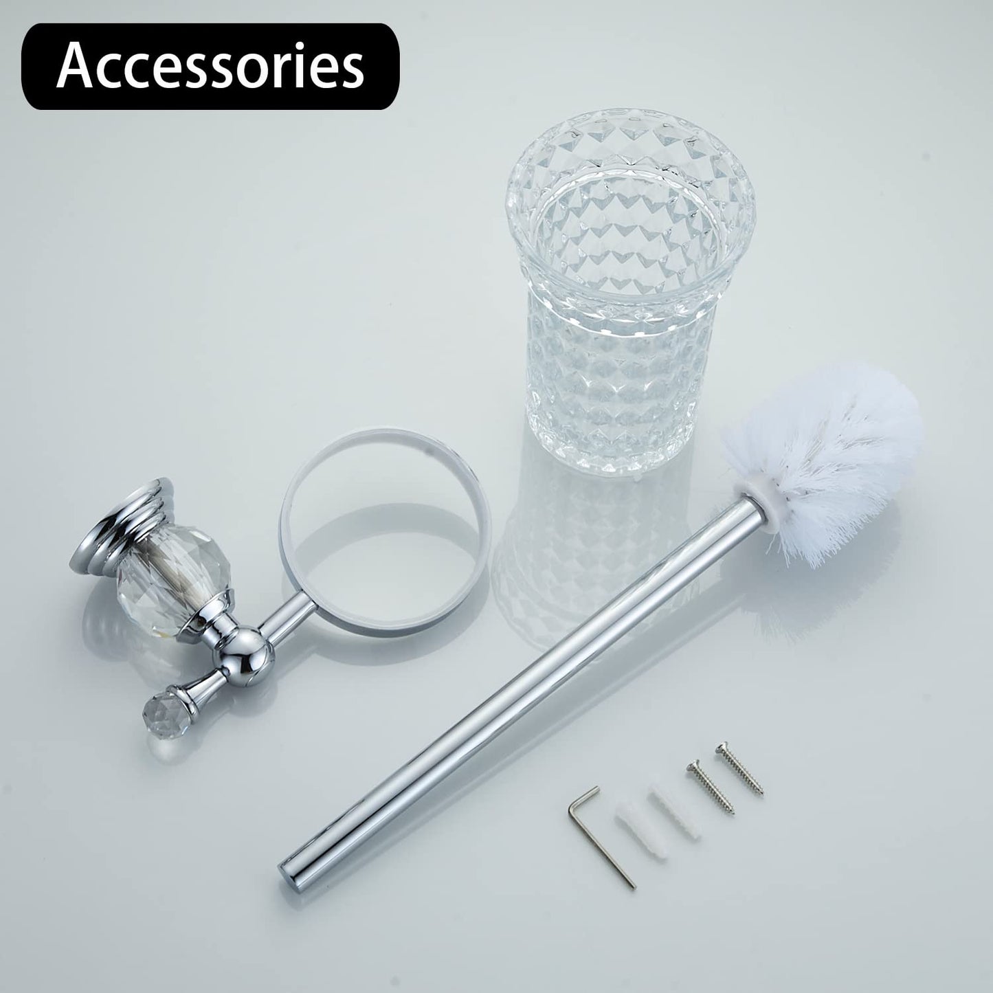 WOLIBEER Crystal Toilet Brush Holder, Chrome Toilet Cup Set with Polished Silver Brush Handle Wall Mounted for Bathroom - Decorative Design,Space Saving.