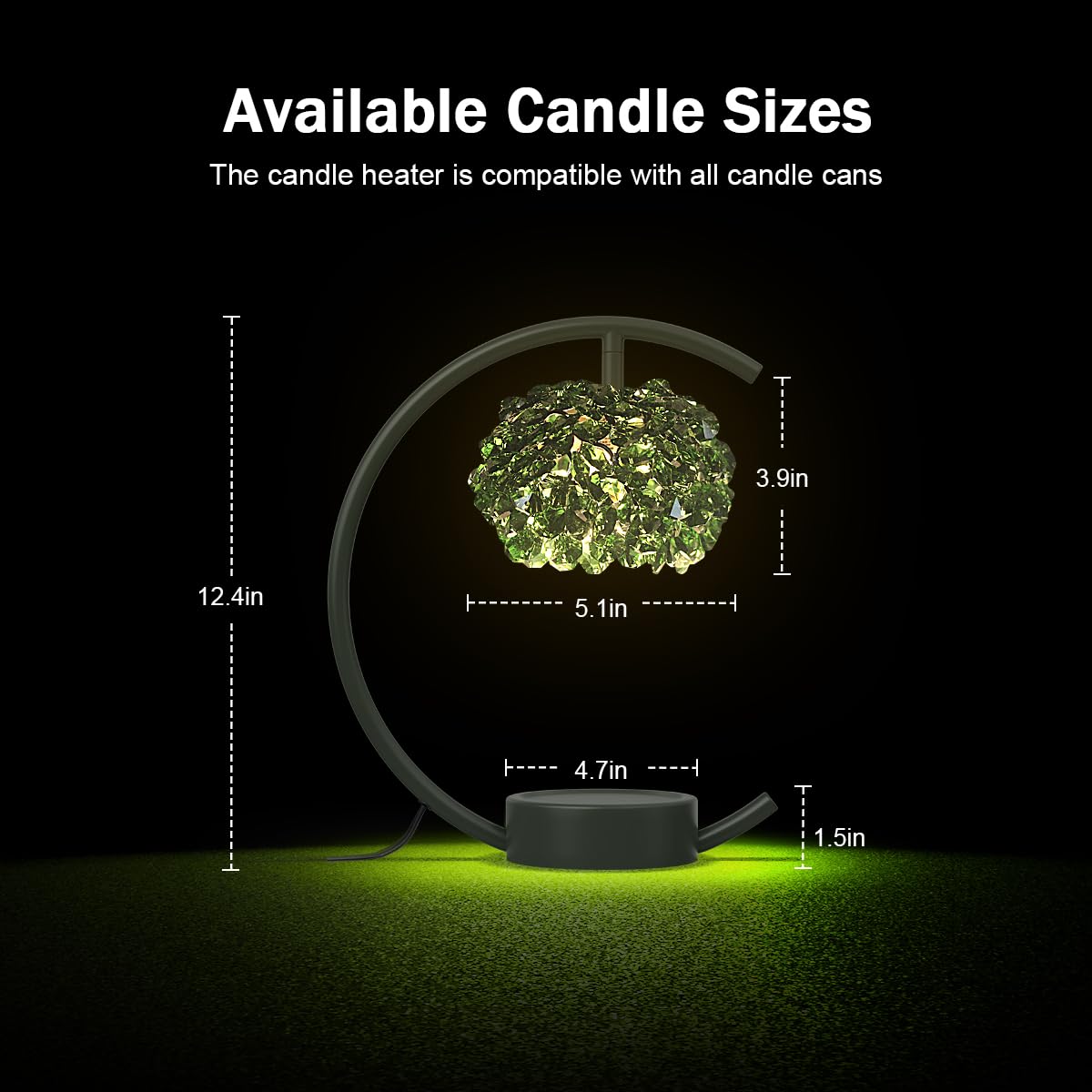 Yeuslor Candle Warmer Lamp for Jar Candles with Adjustable Brightness＆Timer，Handcrafted Green Crystal Candle Lamp Luxurious Design+2Bulbs,Home Decoration Electric Candle lamp(Balck C-Shaped)