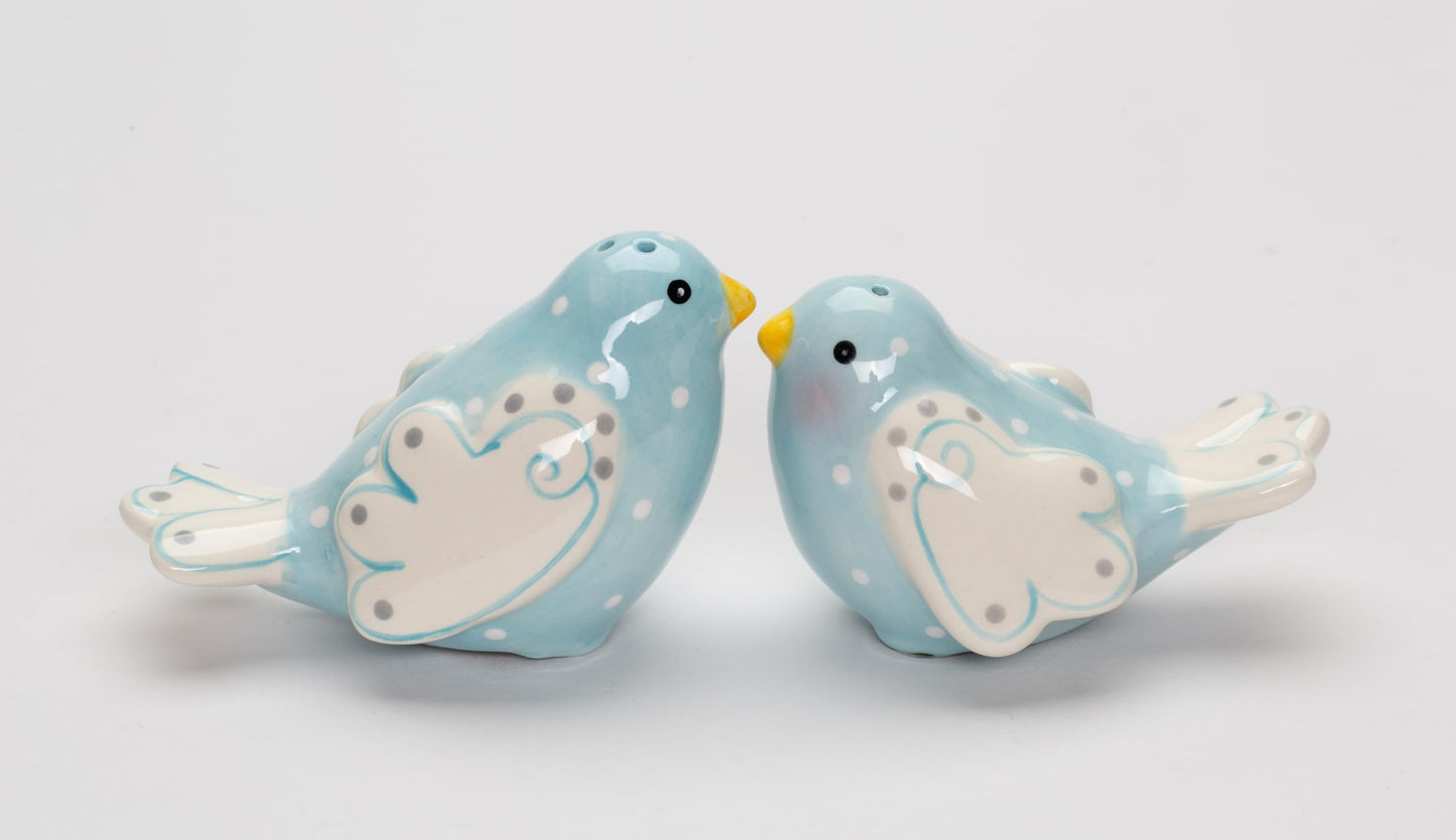 Fine Ceramic Lovebird Bluebird Pastel Baby Blue Bird with White Wings and White Polka Dots Design Salt and Pepper Shakers Set, 3-5/8" L